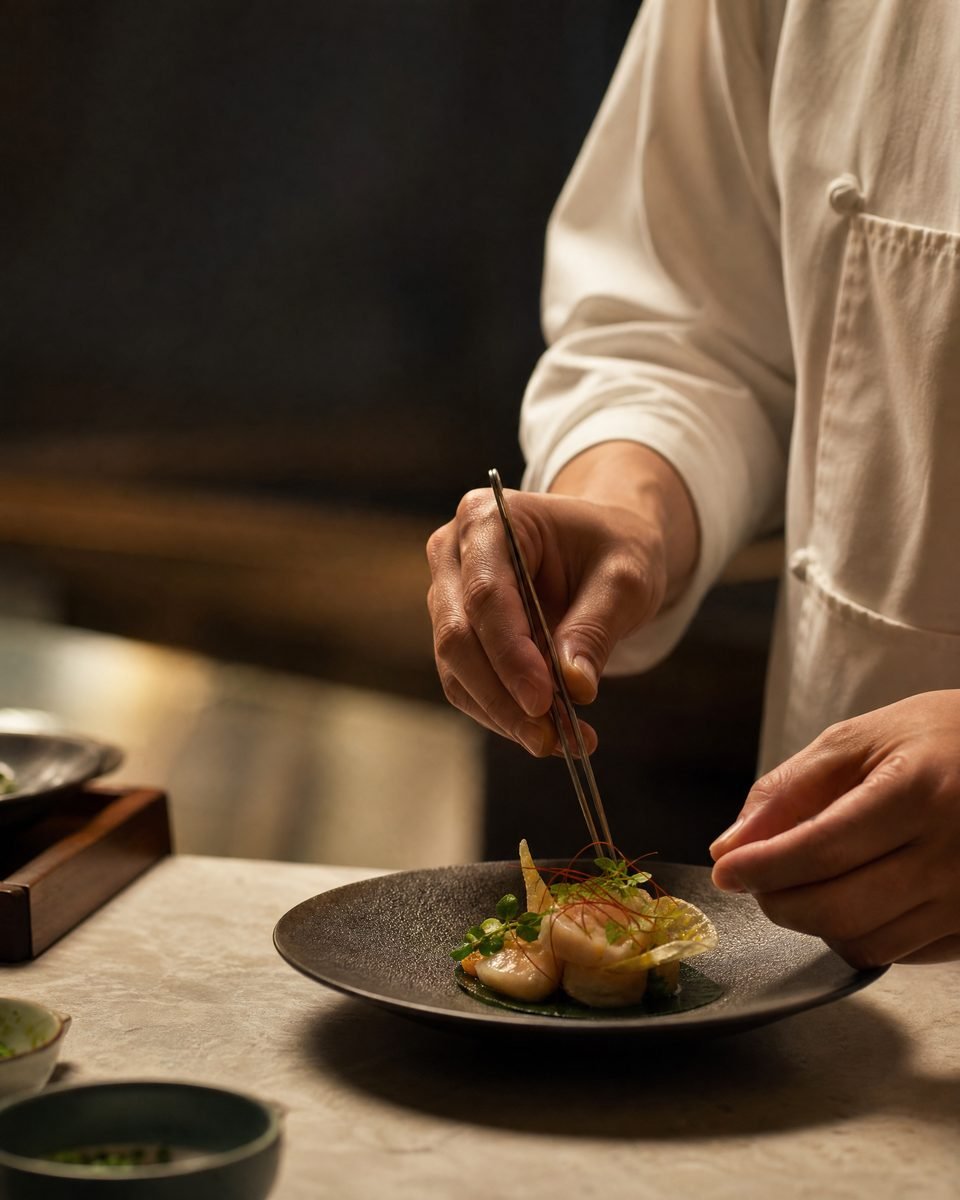 Chef plating a course